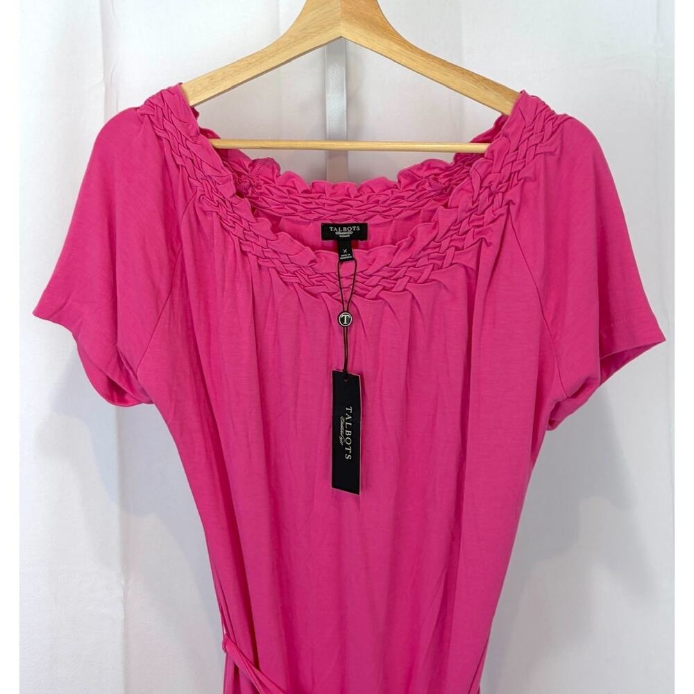 NWT TALBOTS Gathered Scoop Neck Jersey Knit Dress Tie Belt Short Sleeve Pink X - Picture 4 of 9